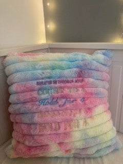 Rainbow Tie Dye cushion4calm with multi colour writing