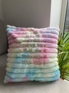 Rainbow Tie Dye cushion4calm with multi colour writing