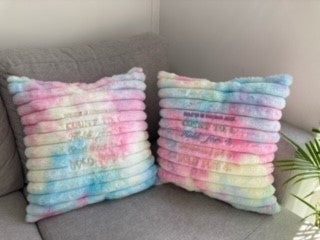 Rainbow Tie Dye cushion4calm with cream writing - NO DEVICE